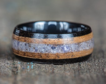 Tanzanite Whiskey Barrel Ebony Wood Black Ceramic Ring - Mens Wedding Band Womens Wooden Wedding Engagement Anniversary December Birthstone