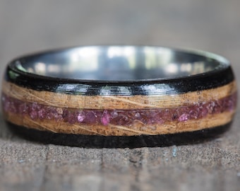 Tennessee Whiskey Barrel, Ebony, and Titanium Ring with Garnet Inlay