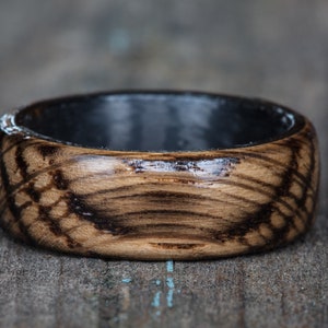 Carbon Fiber Whiskey Barrel Wood Ring - Reclaimed Wood Anniversary Band