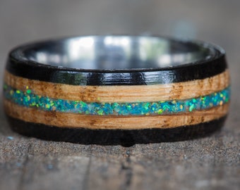 Tennessee Whiskey Barrel and Ebony Wood with Green Opal and Titanium Ring