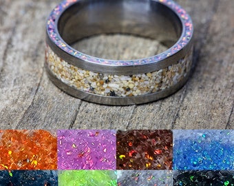 Mix and Match Opal Side Inlay and Your Sand Titanium Ring - Use Your Own Sand! Men 8mm Women Wedding Band Engagement Ring Beach