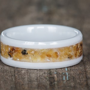 Natural Amber Inlay White Ceramic Ring: Handmade Wedding Band