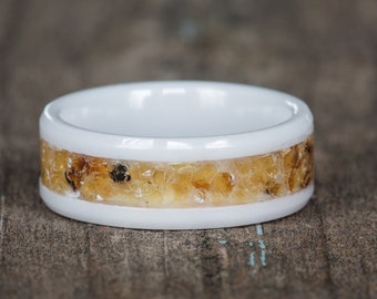 Natural Amber Inlay White Ceramic Ring