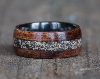 Koa Wood, Black Ceramic, and Your Sand Inlay Ring - Hawaiian Koa Men Wedding Band Women Engagement Ring Beach Sand Honeymoon Anniversary