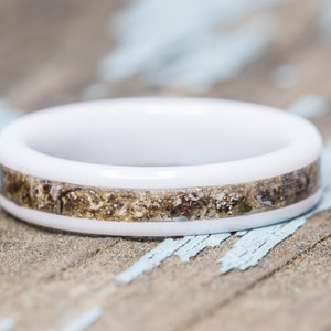 Dinosaur Bone Ring: Crushed Fossil, White Ceramic Wedding Band