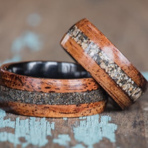 Koa Wood, Black Ceramic, and Your Sand Inlay Ring - Hawaiian Koa Men ...