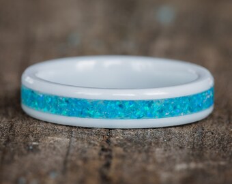 Blue Opal White Ceramic Stacking Ring