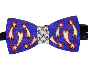 Handcrafted Shooting Stars Patriotic 4th of July Wooden Bowtie | Adjustable Strap, Multilayered Design