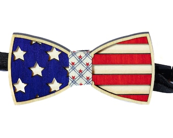 American Flag Wooden Bowtie | Patriotic 4th of July Accessory | Adjustable Strap and Interchangeable Fabric