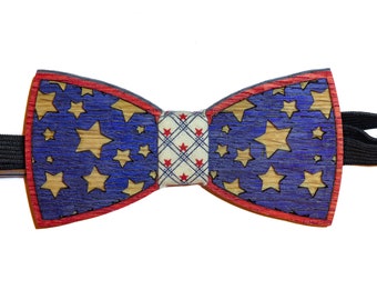 Handcrafted Whiskey Barrel Wood Bowtie - Patriotic 4th of July Accessory with Stars - Adjustable Strap and Interchangeable Flag Fabric