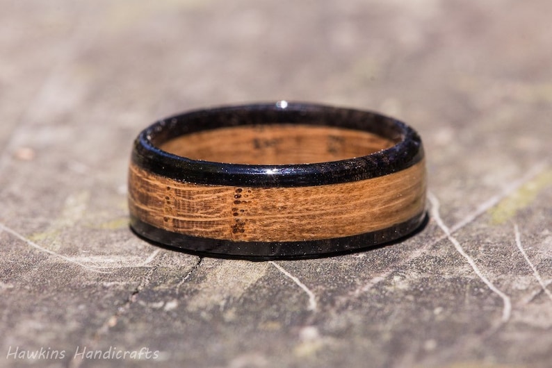 Tennessee Whiskey Barrel and Ebony Wood Ring Whiskey Barrel Ring Mens Wedding Band Womens Wooden Wedding Engagement Ring Wood Anniversary Solid Wood, 7mm