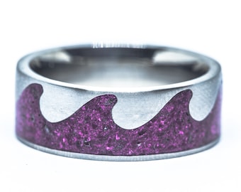 Sugilite Wave Inlay Titanium Ring - Pink Purple 8mm Wedding Band Engagement Honeymoon Anniversary Surfer Surf Water Beach Pattern