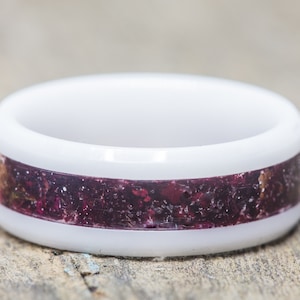 Red Rose Petal Inlay White Ceramic Ring - Unique Wedding Band