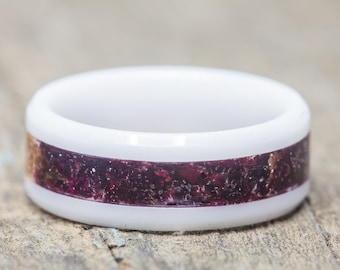 Red Rose Petal Inlay White Ceramic Ring