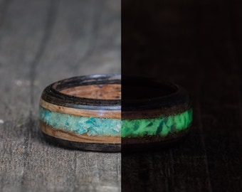 Green Glow Amazonite, Whiskey Barrel & Ebony Wooden Ring - Glow in the Dark Mens Engagement Ring Wedding Band Couples Rings Wood Anniversary