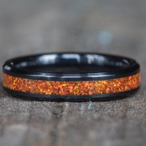 Orange Opal Black Ceramic Ring - Stackable Womens Band