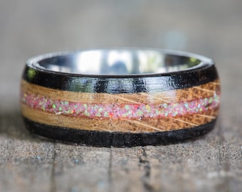 Tennessee Whiskey Barrel and Ebony Wood with Pink Opal and Titanium Ring