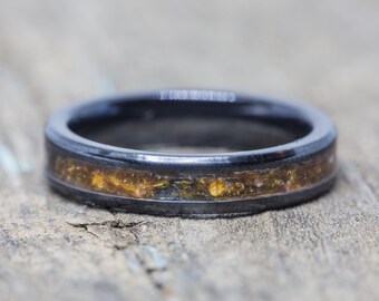 Yellow Rose Petal Inlay 4mm Black Ceramic Stacking Ring