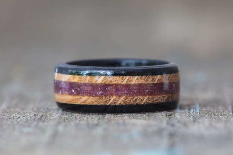 Whiskey Barrel and Ebony Wood Ring With Purple Fluorite Inlay | Etsy
