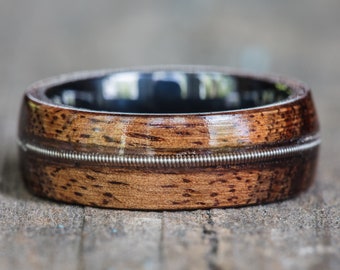 Koa Wood, Black Ceramic, and Guitar String Inlay Ring