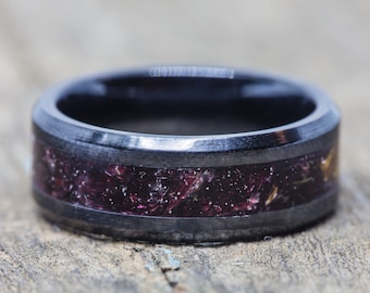 Red Rose Petal Inlay Black Ceramic Ring