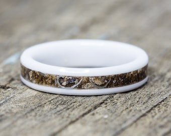 4mm Dinosaur Bone and Meteorite White Ceramic Ring