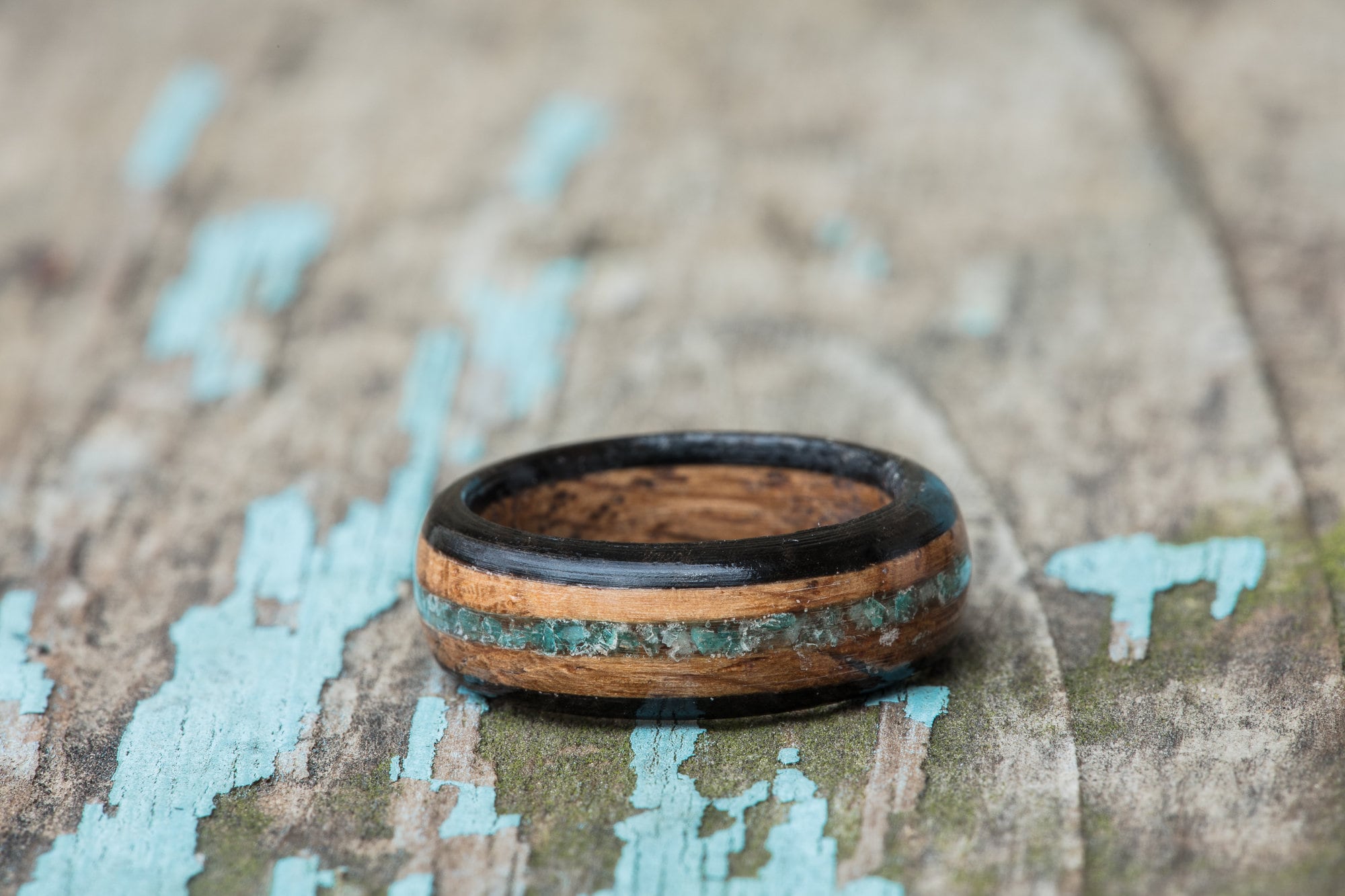 Wood ring with shop stone inlay