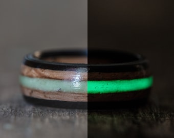 Whiskey Barrel and Ebony Ring with Green Glow in the Dark Inlay