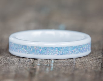 Ice Blue Opal White Ceramic Stacking Ring