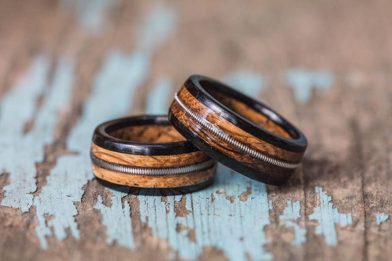 Tennessee Whiskey Barrel and Ebony Ring with Guitar String Inlay Mens Wedding Band Womens Ring Anniversary Gift Wood Engagement Ring image 2