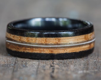 Tennessee Whiskey Barrel, Ebony, and Black Ceramic Ring with Guitar String Inlay