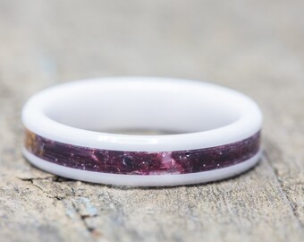 Red Rose Petal Inlay 4mm White Ceramic Stacking Ring