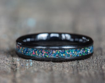 Blue Rainbow Opal White Ceramic Stacking Ring