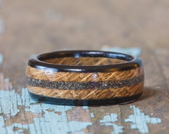 Whiskey Barrel and Ebony Wood Ring With Your Sand Inlay