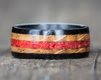 Red Opal, Whiskey Barrel, Ebony, and Carbon Fiber Ring