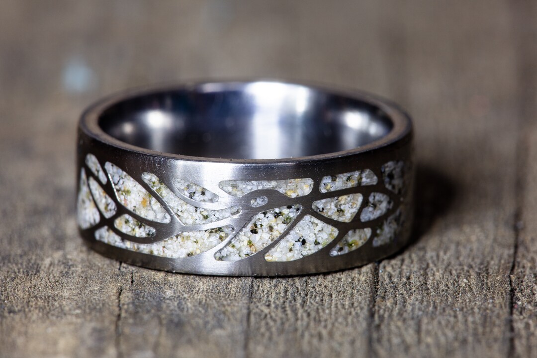 Your Sand Inlay Leaf Vine Pattern Titanium Ring Use Your Own Sand Men ...