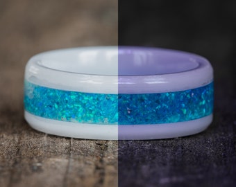 Glowing Blue Opal White Ceramic Ring