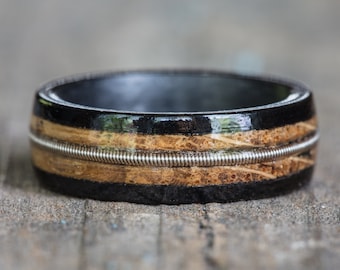 Tennessee Whiskey Barrel, Ebony, and Carbon Fiber Ring with Guitar String Inlay - Mens Wedding Band Womens Anniversary Gift Wood Engagement