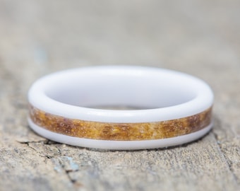 Yellow Rose Petal Inlay 4mm White Ceramic Stacking Ring