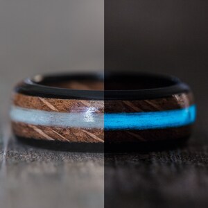 Blue Glow Whiskey Barrel Ring: Ebony Wood Inlay Wedding Band