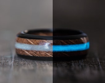 Blue Glow Whiskey Barrel and Ebony Wooden Ring - Glow in the Dark Inlay Mens Engagement Ring Wedding Band Couples Rings Wood Anniversary