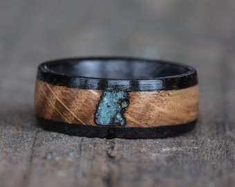 Whiskey Barrel, Ebony, Turquoise, and Carbon Fiber Ring