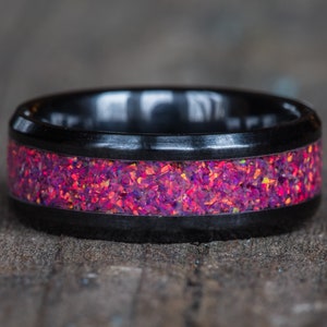 Pink Opal Black Ceramic Ring: Handmade Wedding Band