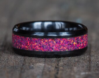 Pink Opal Black Ceramic Ring