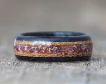 Whiskey Barrel and Ebony Ring with Garnet Inlay