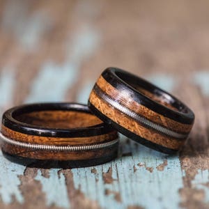 Tennessee Whiskey Barrel and Ebony Ring with Guitar String Inlay Mens Wedding Band Womens Ring Anniversary Gift Wood Engagement Ring image 4