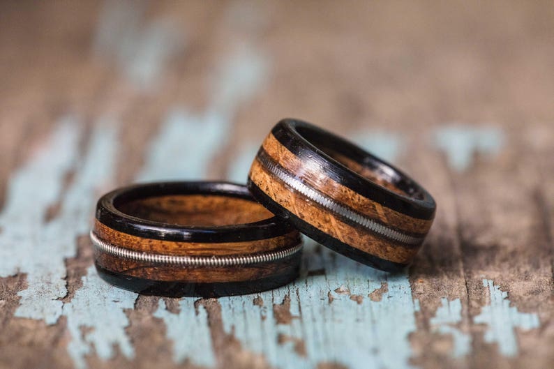 Tennessee Whiskey Barrel and Ebony Ring with Guitar String Inlay Mens Wedding Band Womens Ring Anniversary Gift Wood Engagement Ring image 4