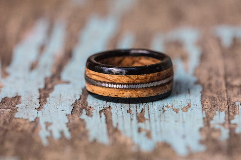 Tennessee Whiskey Barrel and Ebony Ring with Guitar String Inlay Mens Wedding Band Womens Ring Anniversary Gift Wood Engagement Ring image 1