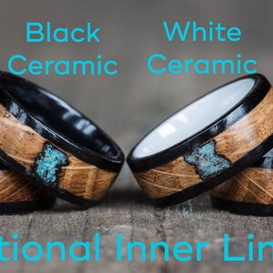 May include: Four men's wedding bands with different materials: titanium, black ceramic, white ceramic, and carbon fiber. Each band features a wood inlay with a turquoise stone accent. The text "Optional Inner Liners" is at the bottom of the image.