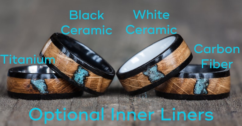 May include: Four men's wedding bands with different materials: titanium, black ceramic, white ceramic, and carbon fiber. Each band features a wood inlay with a turquoise stone accent. The text "Optional Inner Liners" is at the bottom of the image.